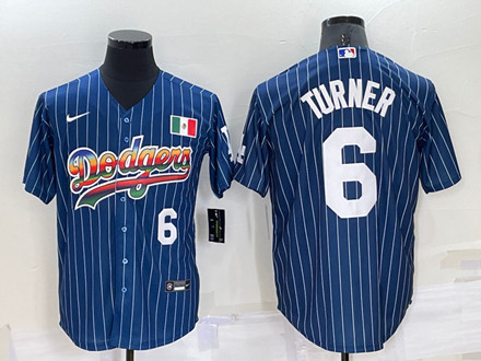 Men's Los Angeles Dodgers #6 Trea Turner Navy Mexico Rainbow Cool Base Stitched Baseball Jersey